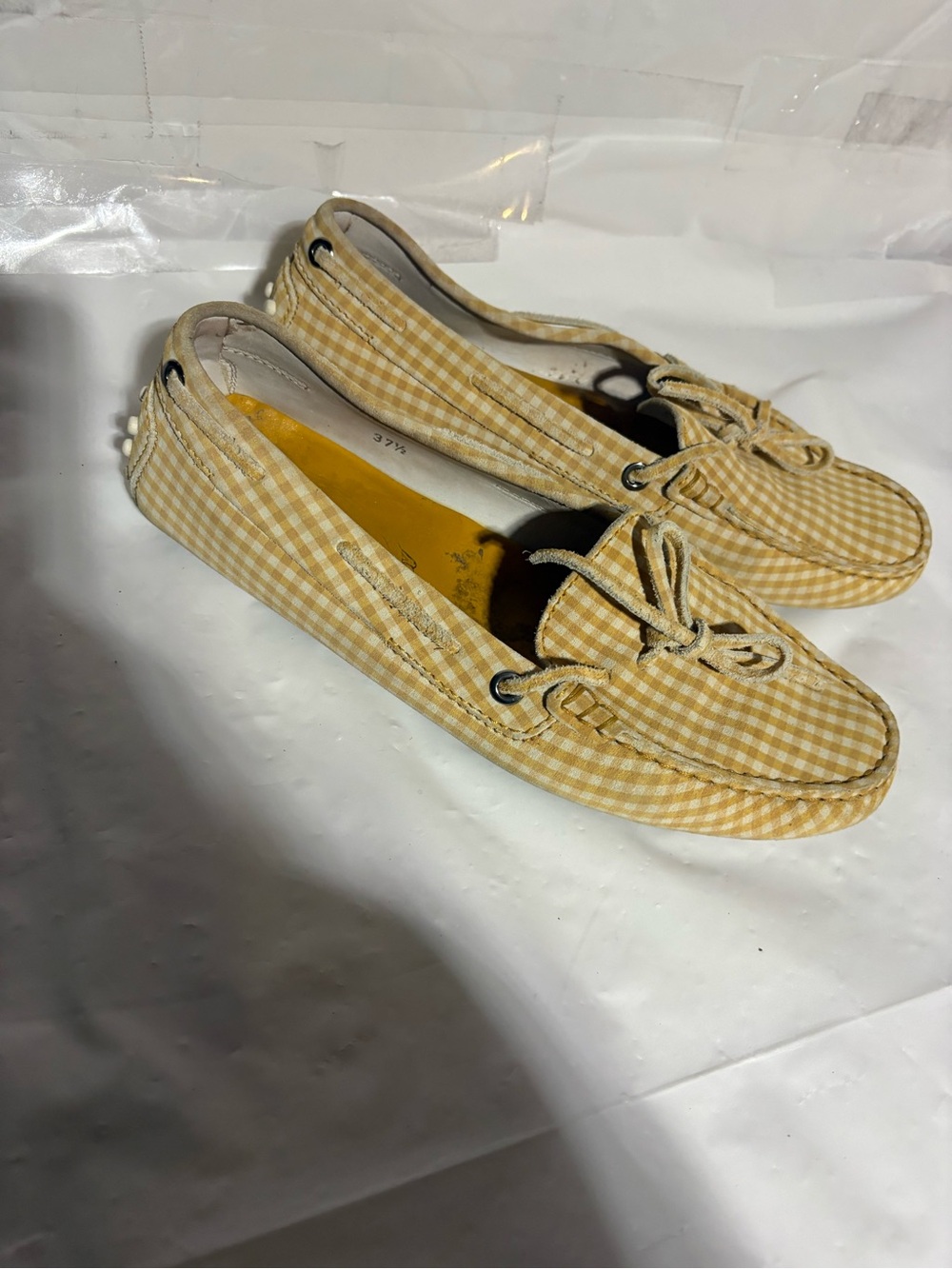 Tod's Yellow Gingham Bow Moccasins with Leather Trim